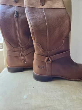 UGG Chestnut Leather Mid-Calf Zip Heeled Boots